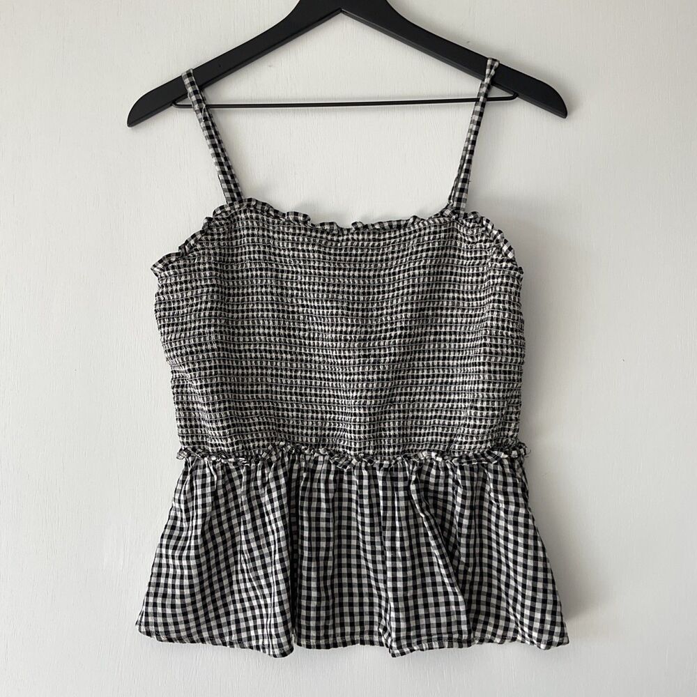 Old Navy Medium Smocked Peplum Tank Top Black Tan Gingham Tiered Ruffle Boho